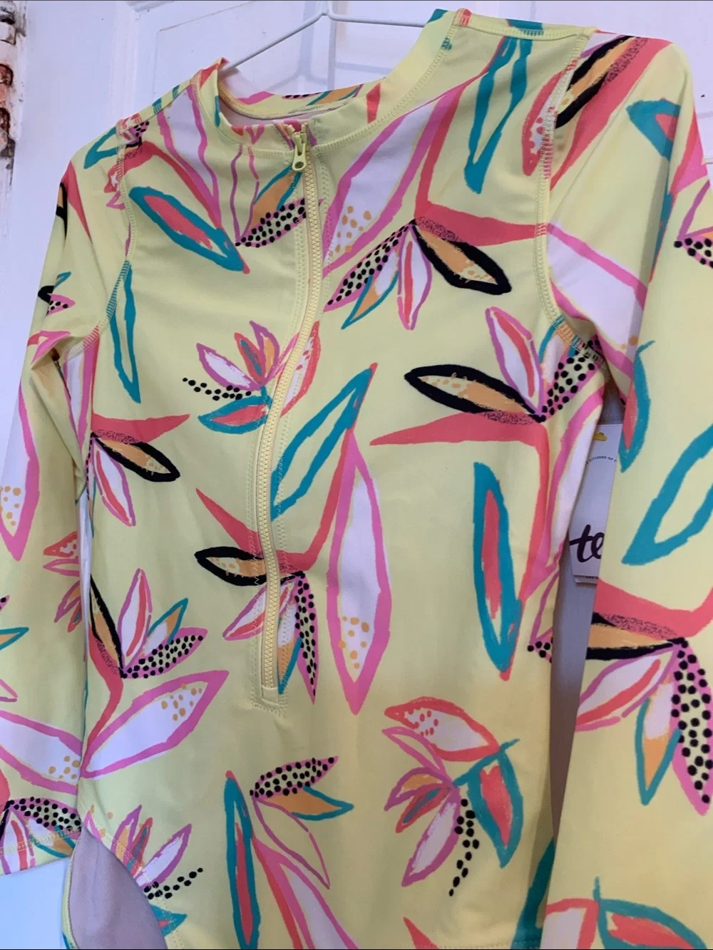 NWT Girls Long Sleeve Zip Front Floral Rash Guard Swimsuit - Yellow in size 16